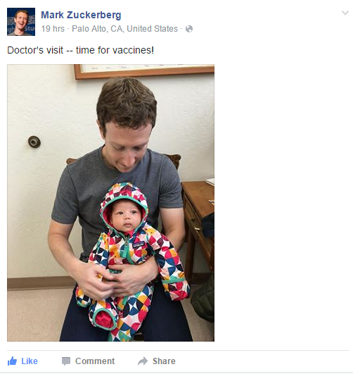 Il post con cui Zuckerberg ha annunciato che lui e la moglie Priscilla Chan hanno deciso di vaccinare la figlia Max.